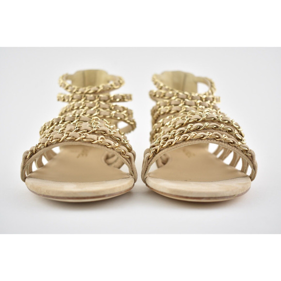 Chanel 18P Beige Suede Chain Gold CC Gladiator Strap Mule Slide Flat Sandal 36.5 - Picture 6 of 10